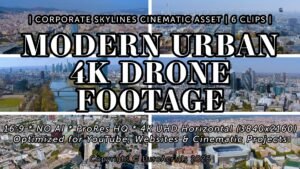 Modern urban 4K horizontal drone footage featuring London financial district, Frankfurt skyline, Barcelona, Madrid, Rotterdam and Berlin