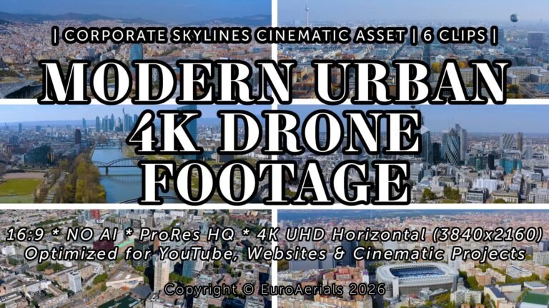 Modern urban 4K horizontal drone footage featuring London financial district, Frankfurt skyline, Barcelona, Madrid, Rotterdam and Berlin