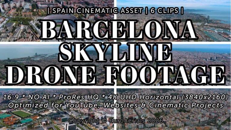 Barcelona skyline 4K horizontal drone footage featuring Camp Nou stadium, Eixample grid, and Sagrada Familia