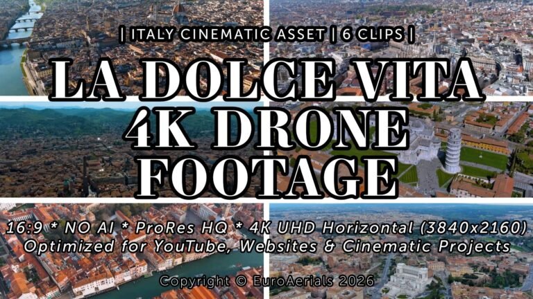 La Dolce Vita Italy 4K horizontal drone footage bundle featuring Florence, Venice canals, Milan, Pisa, Bologna and Rome