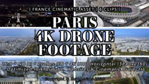 Paris France 4K horizontal drone footage bundle featuring Eiffel Tower, Trocadero, stadium and city at night