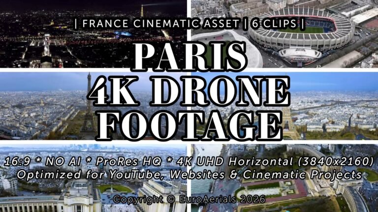 Paris France 4K horizontal drone footage bundle featuring Eiffel Tower, Trocadero, stadium and city at night